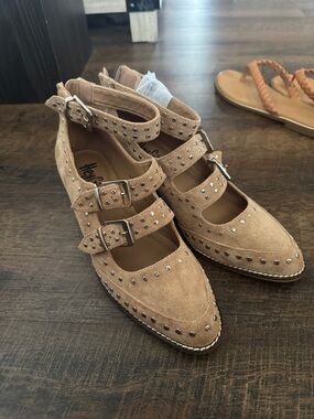 Studded Triple-Buckle Suede Flats in Tan - Womens